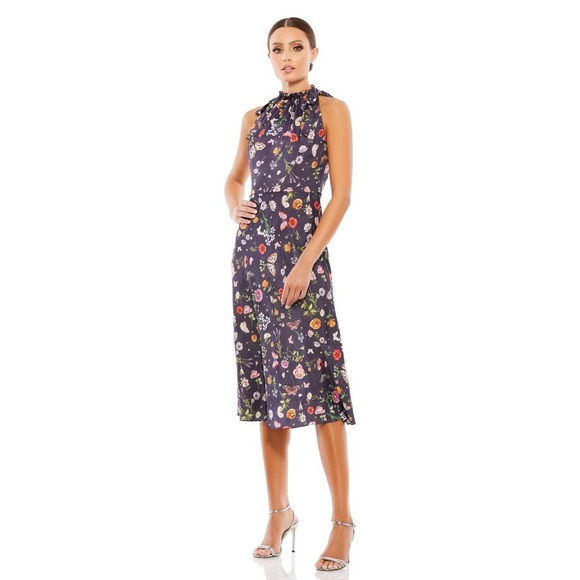 NWT Ieena for Mac Duggal Floral Print Halter Tie Neck Midi Dress - Size 12 - Picture 1 of 7